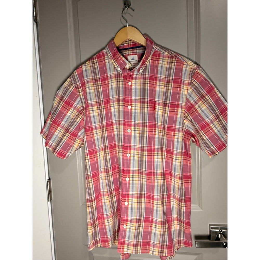 Johnnie-O Hangin Out Mens XL Short Sleeve Plaid Button Down Shirt Red Yellow
